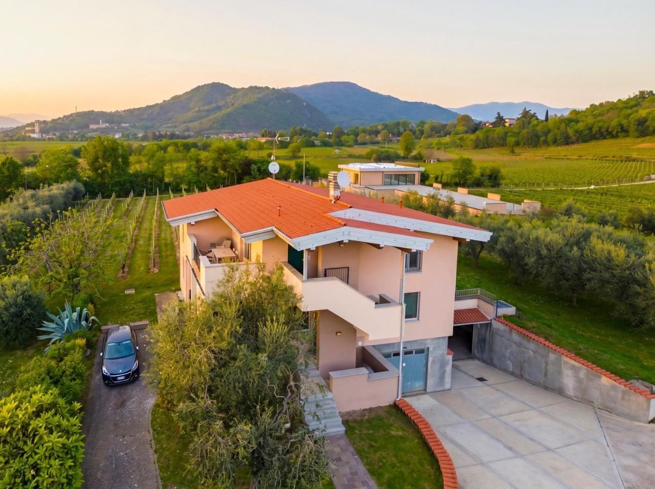 Aerial view of the loft set among the Franciacorta vineyards in Adro