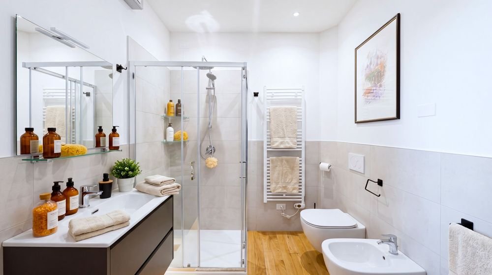 Bagno moderno con doccia, doppio lavabo e bidet
