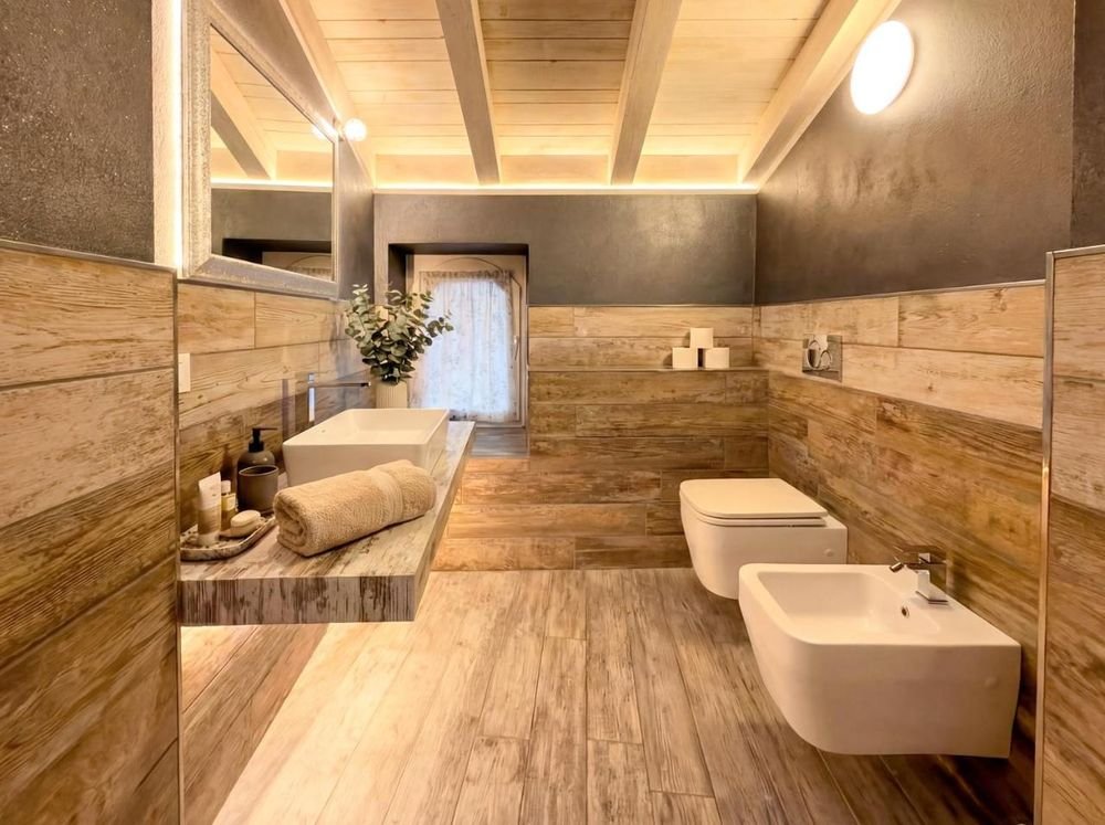 Bagno di design con rivestimento effetto legno e sanitari sospesi