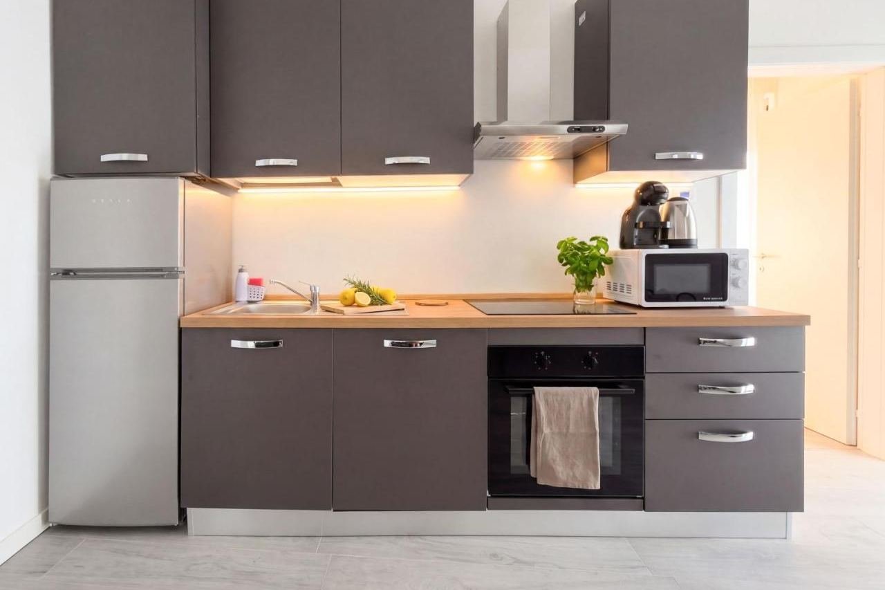 Fitted kitchen of the Deluxe apartment with oven, microwave and fridge