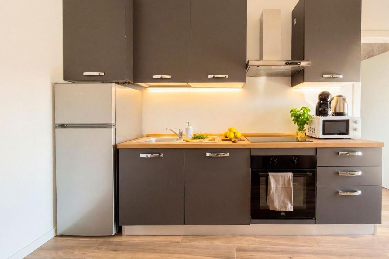 Fitted kitchen of the Superior apartment with oven, microwave and fridge