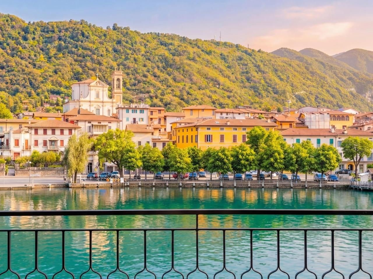 Panoramic view from the terrace over Sarnico, the bridge and Lake Iseo
